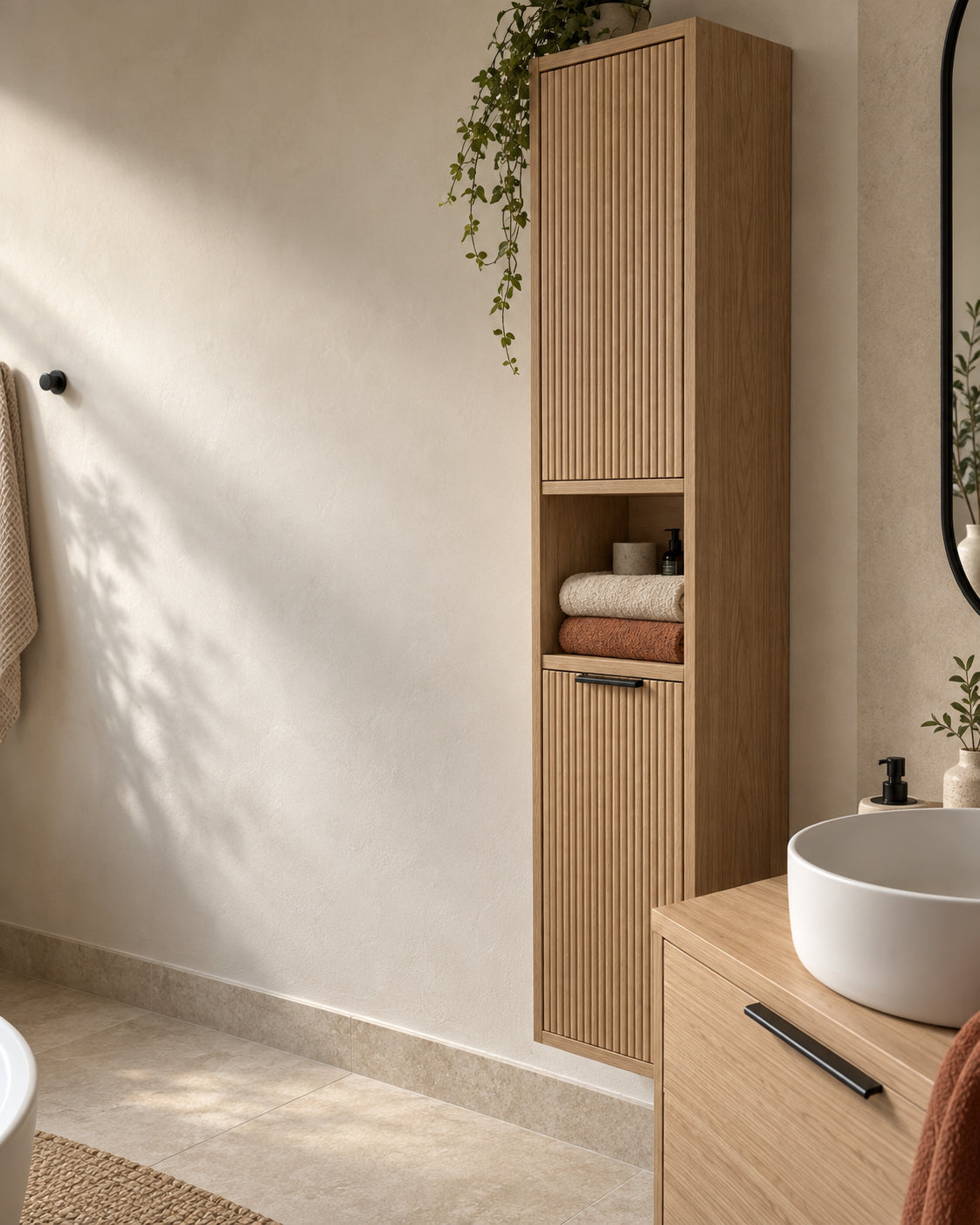 Meuble de rangement en bois dans une salle de bain Sonavia