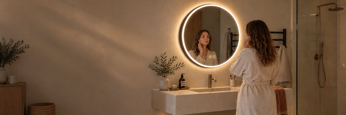 Miroir LED rond Sonavia dans une salle de bain chaleureuse